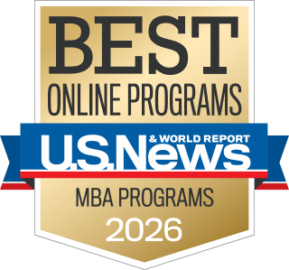 An image of the 'Best Online MBA Programs 2026' badge. It also says U.S. & World Report News.